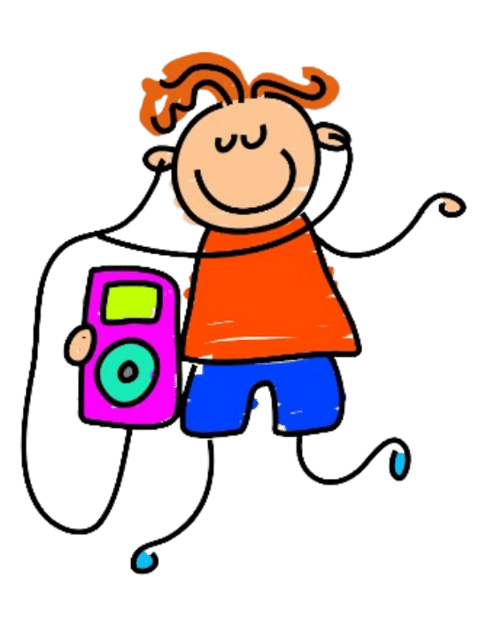 cartoon image of kid with headphones and ipod dancing