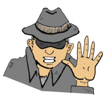 man in trench coat, hat, and sunglasses holding hand up in a "stop" signal